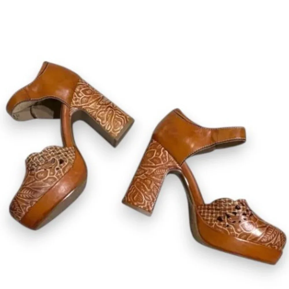 Spring Step Cognac Leather Platform Sandals with Carved Block Heel